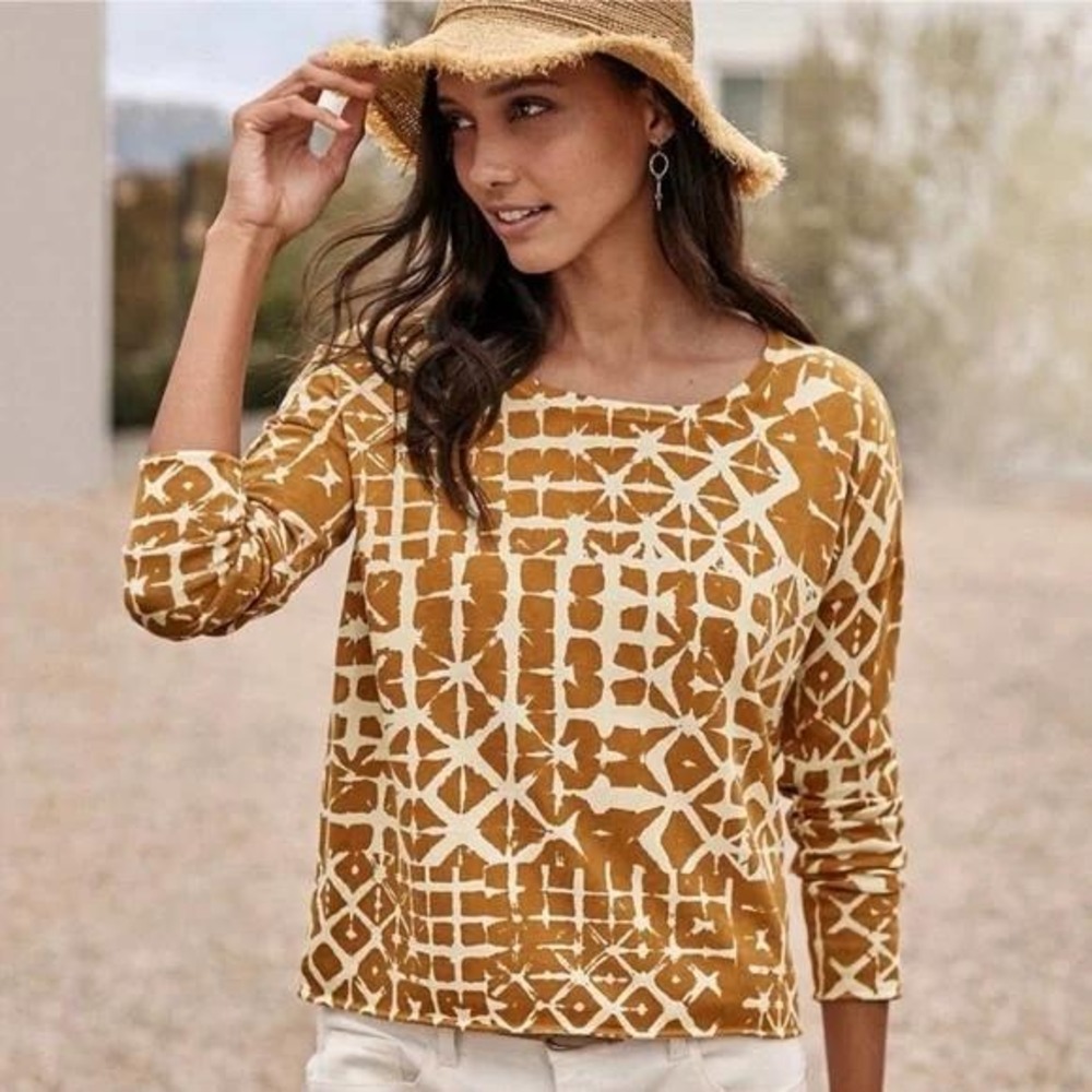 Garnet Hill Boxy Silk Oversized Sweater Gold Cream Batik Print XS